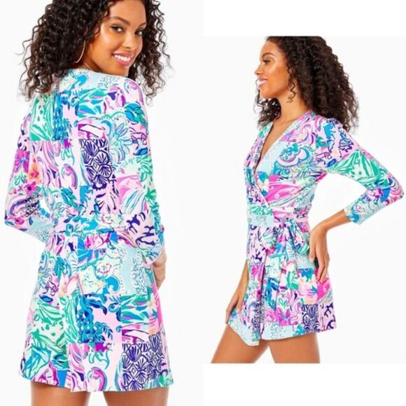 Lilly Pulitzer Karlie Wrap Romper, hot pink, aqua, blue, white, size XXS - Picture 6 of 11